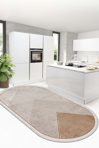 West Home Makinede Yıkanabilir Kaymaz Taban Leke Tutmaz Oval Salon Halısı Mutfak Halısı Ve Yolluk Wh 586 Sand Oval