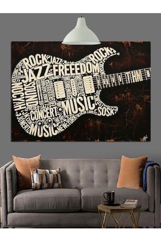 Gitar Şekilli Müzik Yazıları Dekoratif Kanvas - Mdf Ahşap Tablo