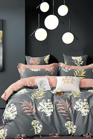 İqon Leaf Lastikli Çarşaflı Çift Kişilik Nevresim Takımı Gri 200 x 220 CM Gri