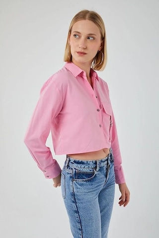Mixray 4444 Kadın Apoletli Crop Gömlek Şeker Pembe
