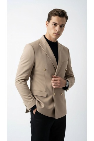 Plus Scorpion Erkek Kruvaze Blazer Ceket Slim Fit Premium Dokulu Şık Klasik Ceket Bej