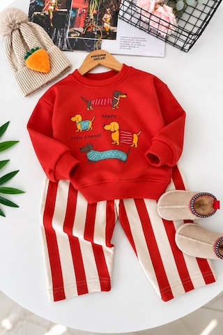 Minigimin Cicileri Sevimli Köpek Baskılı Sweatshirt Çizgili Bol Paça Kız Çocuk 2 Li Takım - Kırmızı Diğer