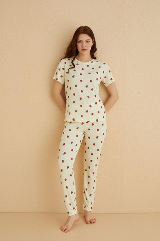 Dreamy İpeksi Kaşkorse Çilek Desenli Kısa Kollu Pijama Takımı Sarı
