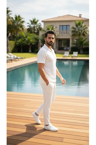 Fifty Color Unisex Trend Bürümcük Krinkıl Kumaş Yazlık Likralı Kısa Kol Tişört Eşofman Takım Beyaz