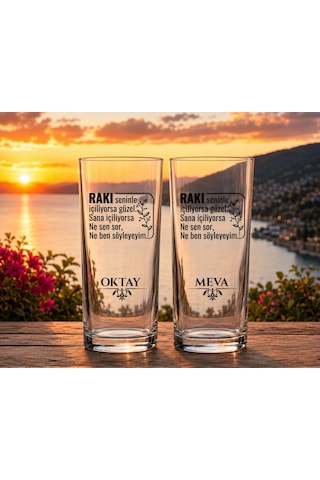 Kişiye Özel İsimli Rakı Bardağı Seti Çiftlere Özel Tasarım 2 Li Cam Bardak