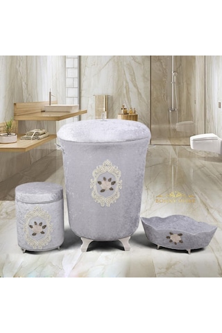 Shems Gri 3Lü Kadife Banyo Kirli Çamaşır Sepeti Seti Gri