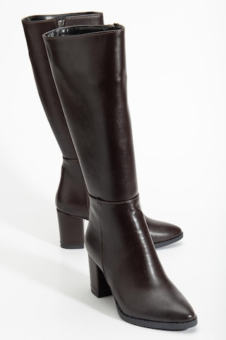 Kadın Topuklu Çizme Kahve Suni Deri Sivri Burun-4208 Kahve