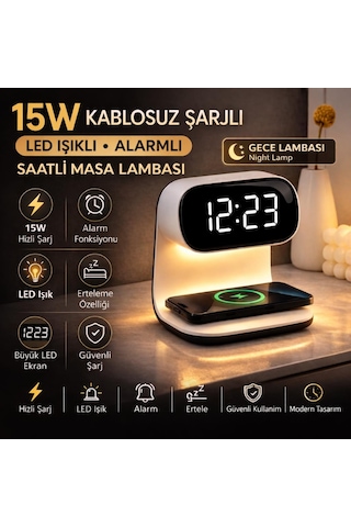 Coofbe 3ın1 15w Kablosuz Masaüstü Şarj Standı - Alarmlı Dijital Masa Saati- Ayarlanabilir Gece Lambası Beyaz