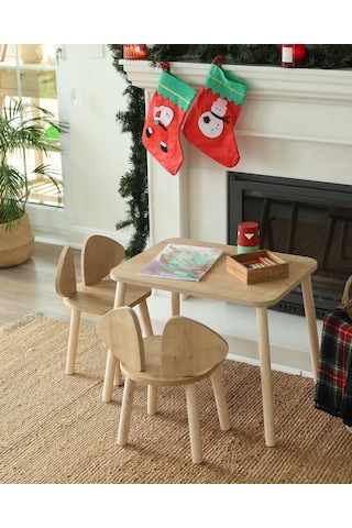 Montessori Çocuk Masası 1 Masa & 2 Mickey Sandalye Kahverengi