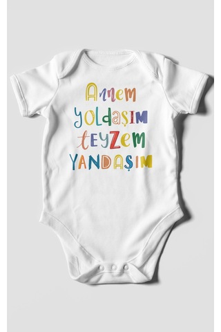 Annem Yoldaşım Teyzem Yandaşım Baskılı Bebek Zıbını Çıtçıtlı Body %100 Pamuk Kısa Kol Beyaz