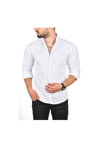 Deepsea Erkek Beyaz Slim Fit Dar Kesim Pamuklu Spor Gömlek Jakar Kumaş Likralı Gömlek 2500552 Beyaz
