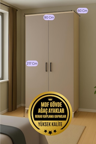 Deniz 2 Kapaklı Genç Odası Dolabı % 100 Mdf Kalitesi Rehau Kaplama Kapaklar Ağaç Ayaklar Vizon
