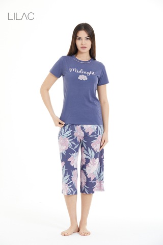 Lılac Kadın Çiçek Desenli %100 Viscon Capri Pijama Takımı Açık Mor