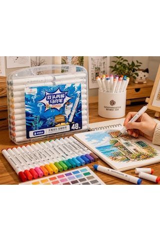 Graphmaster Sta-art Çift Uçlu Akrilik Marker 48'li Set Yuvarlak Uç Boya Kalemi Çok Renkli