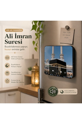 Ali İmran Suresi Sesli Buzdolabı Magneti Şarjlı, 4 Saat Çalışma, Güçlü Mıknatıs, Manevi Hediye Siyah