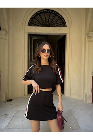 Osy Modal Yumuşak Dokulu Kumaş Kadın Parçalı Bisiklet Yaka T-shirt Mini Şortlu Etek İkili Takım - Si Siyah