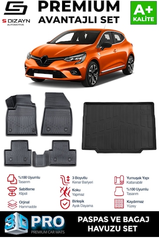 S-dizayn Renault Clio 5 3d Pro Havuzlu Paspas Ve Bagaj Havuzu Seti 2'li Set 2019 Üzeri A+ Kalite