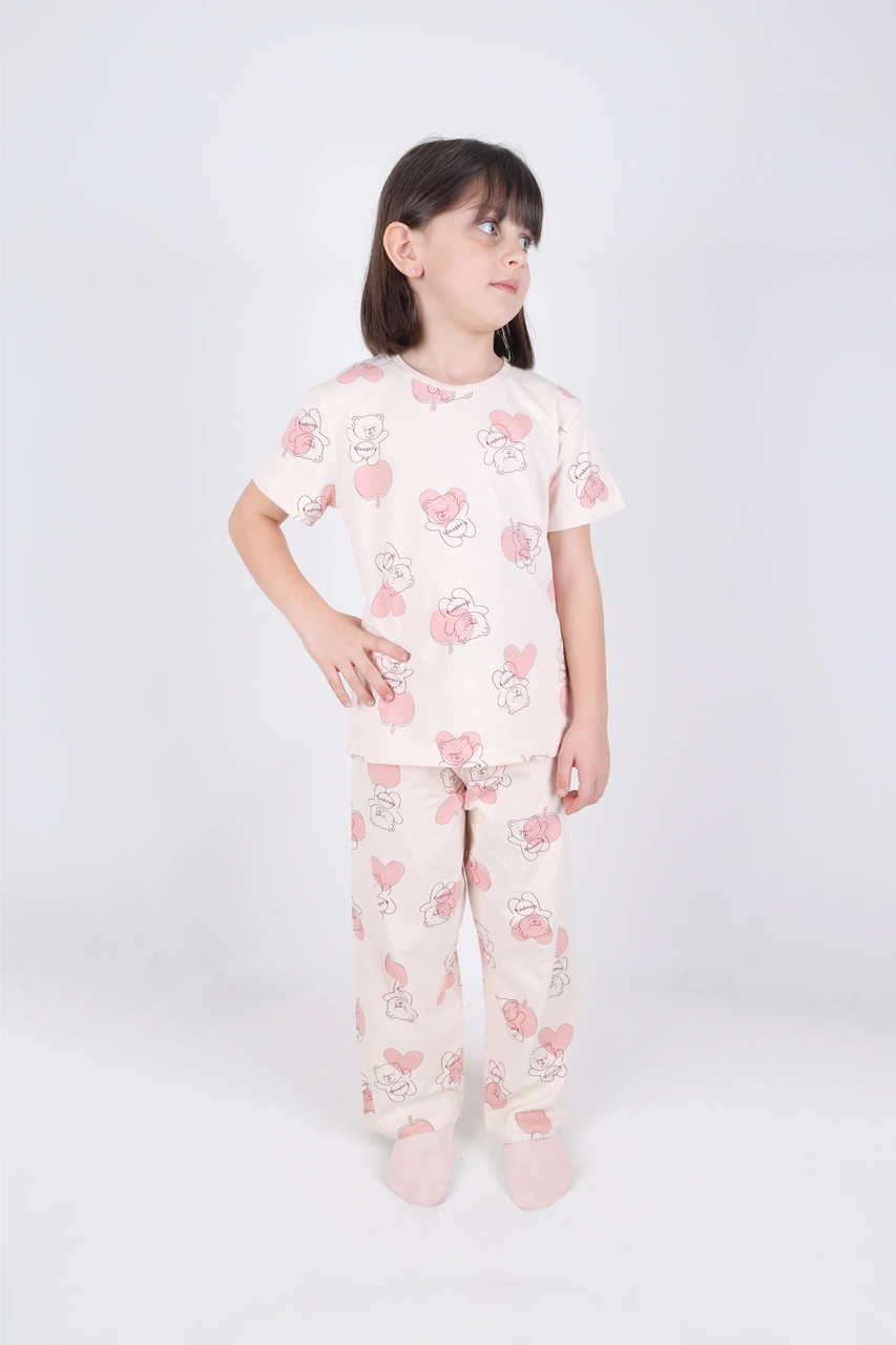 Kız Çocuk Pamuklu Kalpli Desenli Pijama Takımı Kc30102 Pudra