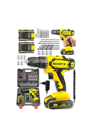 Schatz Pro 12v 1.5 Ah Darbeli Çelik Şanzıman Çift Akülü Bakır Sargılı Şarjlı Vidalama Matkap 24 Parça Sarı -