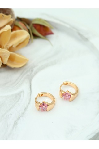 Vıp Pembe Yıldız Taşlı Gold Çelik Küpe - Suya Ve Denize Dayanıklı Gold