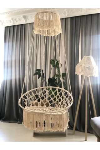 Yılbaşı Makrome Özel Örgü Halatlı Salıncak Hamak Pamuk Ip Ekru