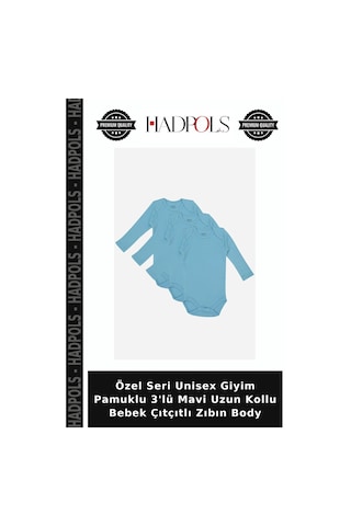 Hadpols Özel Seri Unisex Giyim Pamuklu 3'lü Mavi Uzun Kollu Bebek Çıtçıtlı Zıbın Body