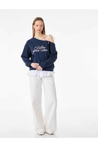 Koton Fiyonk Detaylı Pamuklu Uzun Kollu Asimetrik Yaka Baskılı Sweatshirt Lacivert 6sal10379ık