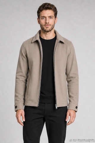 Freemen Erkek Oversize Fermuarlı İçi Kapitoneli Kaşe Ceket-415 Krem