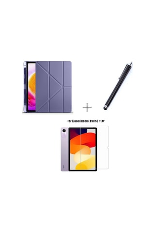 Xiaomi Redmi Pad Se Uyumlu Kalem Bölmeli Standlı Kılıf + Ekran Koruyucu + Kalem 3'lü Set Kılıf