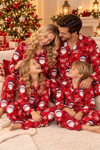 Free Beka Yılbaşı Desenli Kırmızı Uzun Kollu Önden Düğmeli Gömlek Yaka Aile Pijama Takımı Kombini