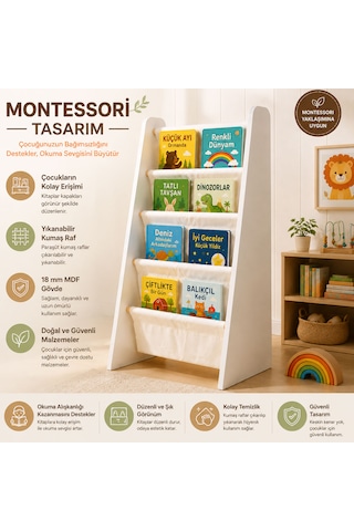 Montessori Çocuk Kitaplığı - Büyük Boy Ahşap Kitap Rafı - Yıkanabilir Paraşüt Kumaş Raflı - Çocuk Odası Kitap Düzenleyici Beyaz