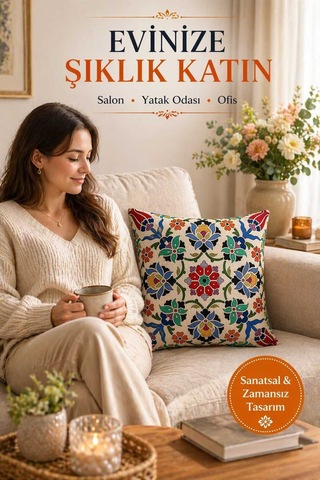 Goblen Çini Lale Desen Kırlent Kılıf Renkli