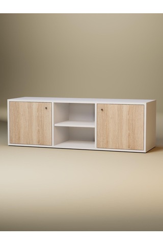 Detamob Beyaz Tv Ünitesi, 2 Kapaklı Raflı Tv Sehpası - 138cm Mdf Meşe