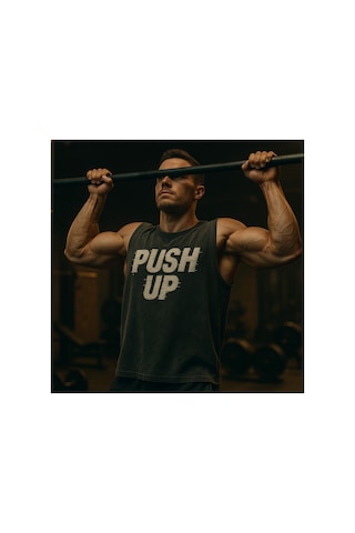 Technomonkey Siyah Erkek Pamuklu Antrenman Sporcu Atleti Oversize Yıkamalı Push Up Baskılı Kolsuz T-shirt
