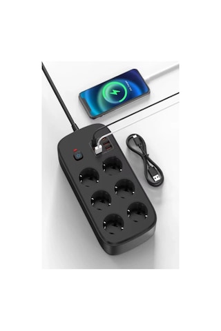 Termal Akım Korumalı 6 Lü Priz 4x Usb 2x Type-c Çıkışlı Grup Priz Çoğaltıcı 3500w Siyah 0 - 2 M