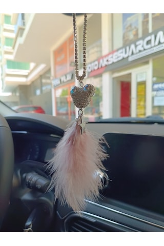 Pandalı Model Metal Yıldız Dikiz Ayna Süsü Pudra Pembe Tüylü Renk