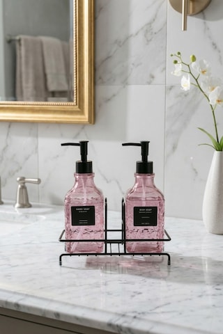 Makri Home Modern Kabartma Desenli Cam İkili Sıvı Sabunluk & Deterjanlık Seti, Pembe- 500 Ml Cam Sabunluk Pembe