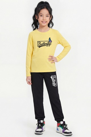 Panios Kids 3'lü Yuvarlak Yaka Sweatshirt Siyah Eşofmanlı Baskı Detaylı 6 Parça Kız Çocuk Alt Üst Takım Beyaz - Sarı