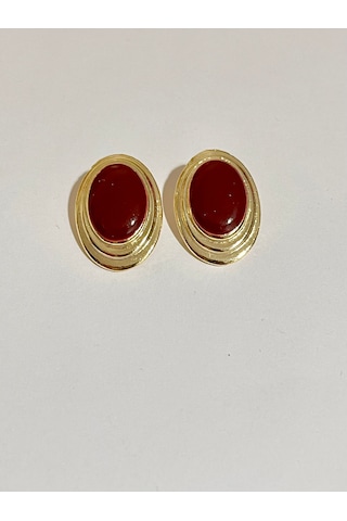 Vintage Gold Oval Siyah Taşlı Küpe - Retro Şıklık Kırmızı