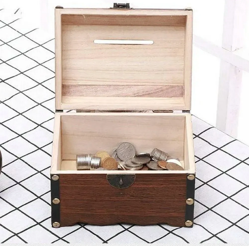Kosona Antika Tarzı El Yapımı Ahşap Kumbara Sandığı, Kilitlebilir, 15x10x10 Cm, Thanksgiving & Doğum Günü Hediyesi Haki