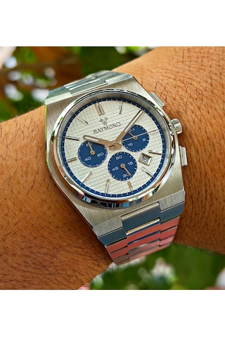 Raymond Kronograf Seri Mavi Detaylı Çelik Erkek Kol Saati Gümüş