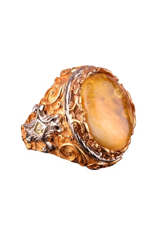 925 Ayar Gümüş Doğal Kehribar Taşlı Erkek Yüzük - El Yapımı Vintage Tarzı Takı Gümüş