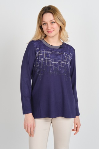 Detay Triko Kadın Taş Detaylı Desenli Yanları Yırtmaçlı Uzun Kol Anne Bluz 5741 Mor Mor