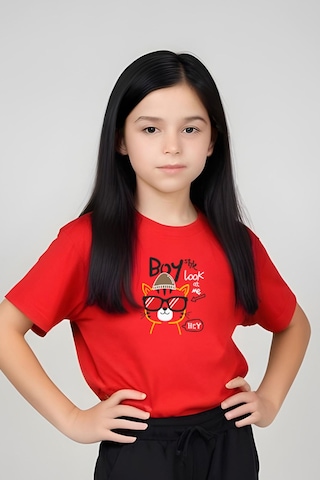 Fyk Kids Kız Çocuk Yuvarlak Yaka Baskılı Boy Cat Alt-üst Pijama Takımı Kırmızı