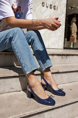 Dorado Kadın Nude Cilt Slingback Kalin Topuklu Ayakkabi Lacivert