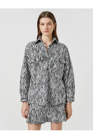 Koton Zebra Desenli Gömlek Cepli Uzun Kollu Siyah Desenli 3sak60014ek 3SAK60014EK9D9 Siyah