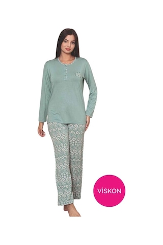 Kadın Etnik Desen 3 Düğmeli Likralı Viskon Mevsimlik Uzun Kol Pijama Takımı SU YEŞİLİ