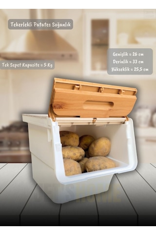 4 Lü Bambu-beyaz Renk Tekerlekli Patateslik Soğanlık Oyuncak Kutusu Patates Soğan Sepeti Toplam 48 Lt Bambu-beyaz