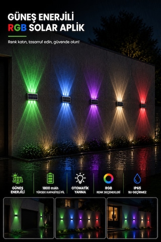 2 Adet Güneş Enerjili Rgb Solar Aplik 6 Led, Renkli Işıklı Otomatik Yanan Dış Mekan Duvar Lambası, Bahçe Balkon Teras Aydınlatması
