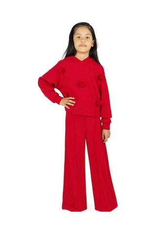 Kız Çocuk Kapüşonlu Ponponlu Sweatshirt-13496 Kırmızı